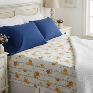 Vintage 70's “Poppies In Clover” Double Flat Sheet & Navy Pillow Case Set